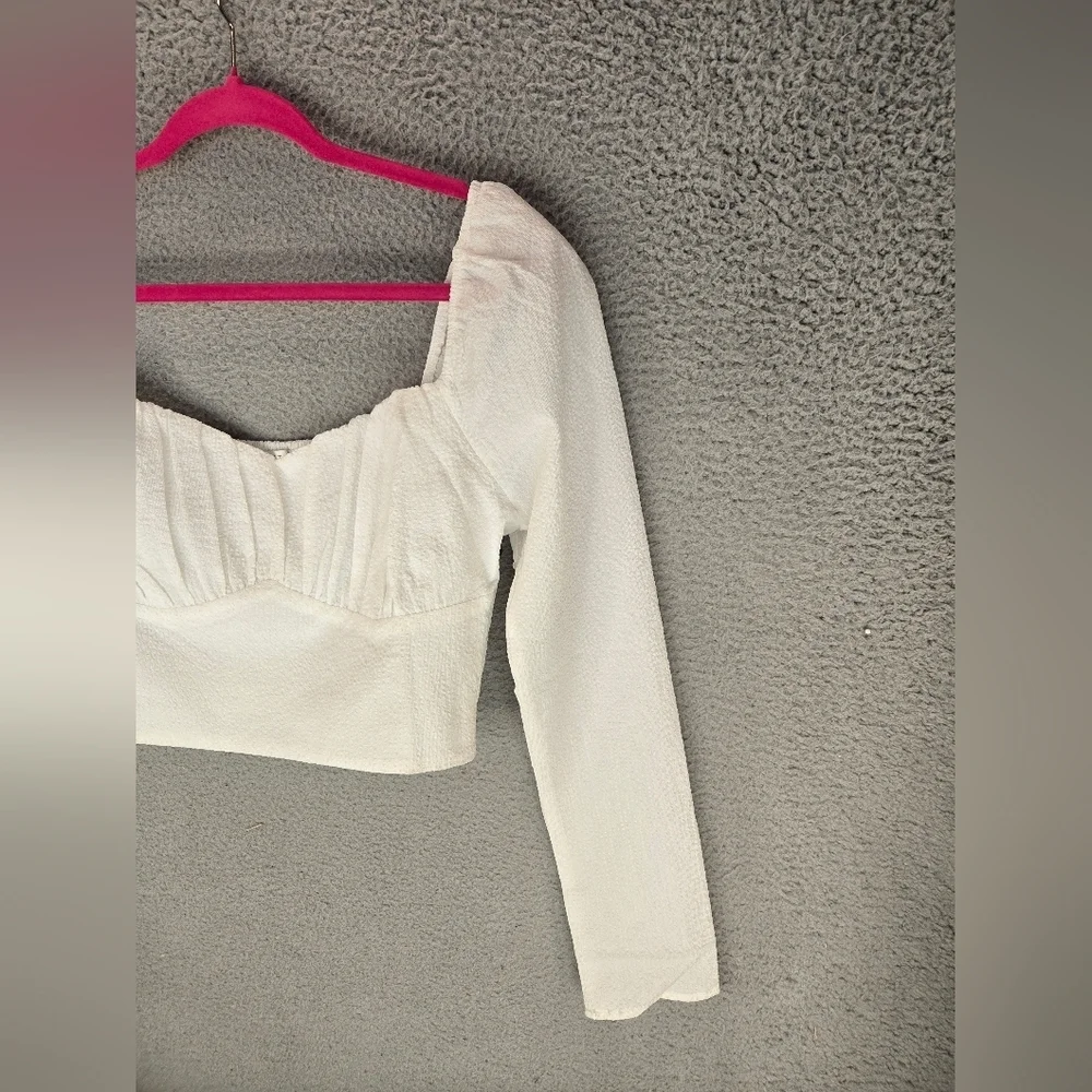 Astr The Label Crop Top White Womens Sz L Ruched Sweetheart Neckline Smock Back